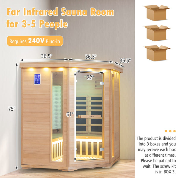 Far Infrared Sauna Room for 3–5 People — Canadian Hemlock Wood with Red Light Therapy Panel, Bluetooth, and WiFi App Control