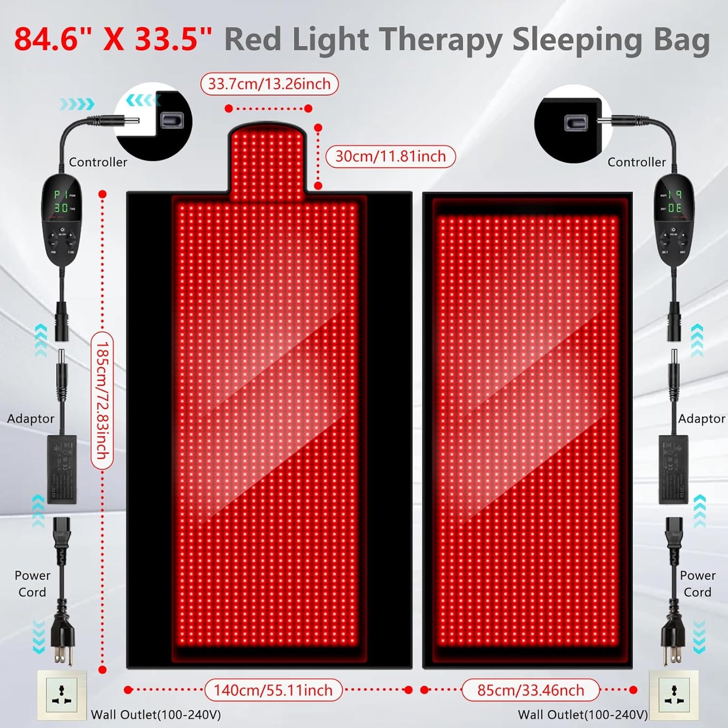 84.6'' X 33.5'' 2680 Pcs LED Red Light Therapy Mat Full Body Sleeping Bag, Extra Large 650Nm 850Nm Red and near Infrared Light Therapy Bed Blanket Device with 3 Mode & 9 Timer, Pain Relief, Detachable